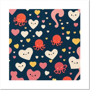 Hearts and Octopuses Swimming In The Sea - Super Cute Colorful Cephalopod Pattern Posters and Art